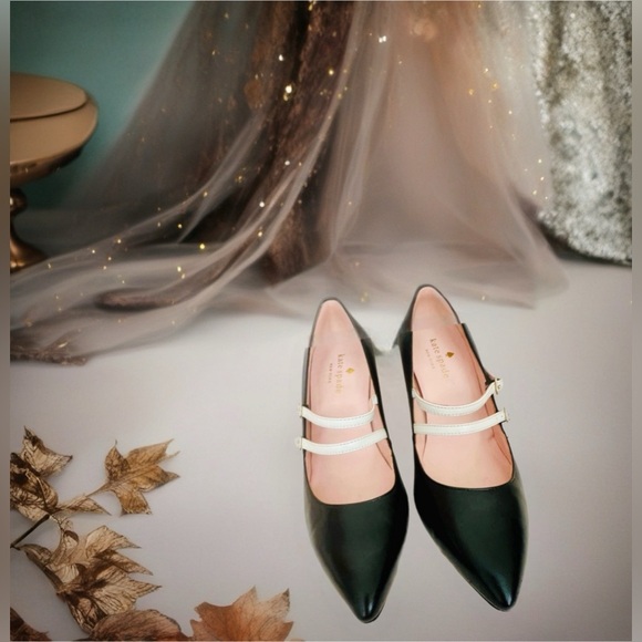 🎉HP🥳 Kate Spade Elpetha Heels in Black w/ Black Sparkle Heel & Cream Dbl Strap - Picture 15 of 16